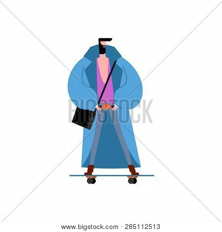 Hipster And Skateboard. Trendy Guy With Beard. Fashion-monger And Longboard