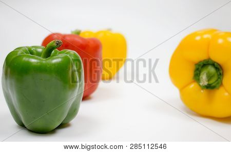 Bell Pepper Or Capsicum In White Background, Yellow, Red, Green Bell Pepper.