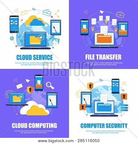 Cloud Service. File Transfer.cloud Computing. Computer Security. Flat Banner Set Color Background. V