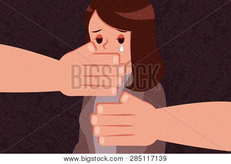 Hand Of A Man Covering Upset Woman Mouth And Breast On Dark Background