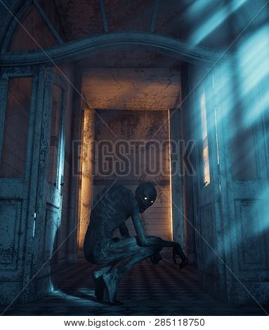 Creepy Monster In A Haunted House,3d Rendering