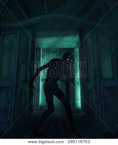 Creepy Monster In A Haunted House,3d Rendering