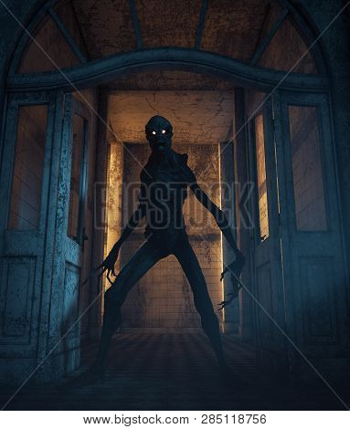Creepy Monster In A Haunted House,3d Rendering