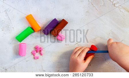 Colorful Clay Plasticine, Modelling Clay Pieces With Childs Hands, Horizontal, Education, Child Psyc