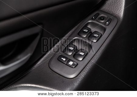 Novosibirsk, Russia - February 19, 2019:  Volvo Xc90,close-up Of The Side Door Buttons: Window Adjus