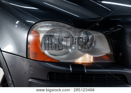 Novosibirsk, Russia - February 19, 2019:  Volvo Xc90,close-up Of The Headlights. Photography Of A Mo