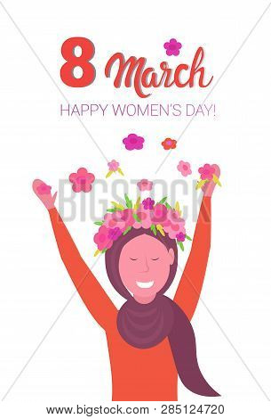 Arab Woman In Wreath Of Flowers Raising Hands Happy Women Day 8 March Holiday Celebration Concept Fe