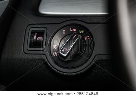 Novosibirsk, Russia - February 19, 2019:  Volkswagen Passat Cc,close-up Of The Headlight Adjustment 