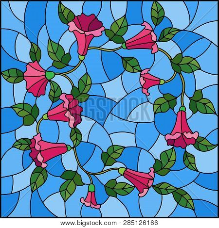 Illustration In Stained Glass Style With Flowers Loach, Pink Flowers And Leaves On Blue Background
