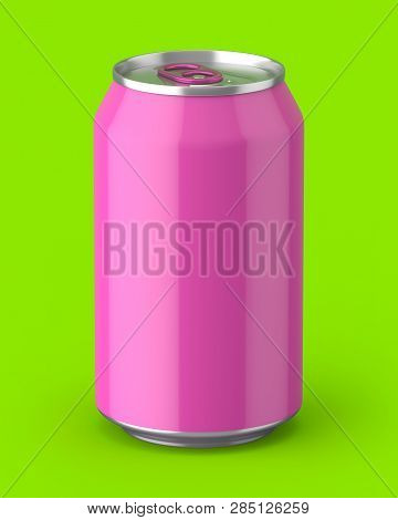 3d Rendered Glossy Pink Aluminium Can On A Green Background.