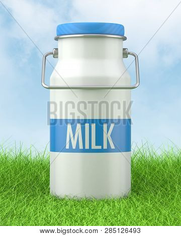 3d Rendered White And Blue Milk Churn Sitting In Long Green Grass Against A Blue Sky.