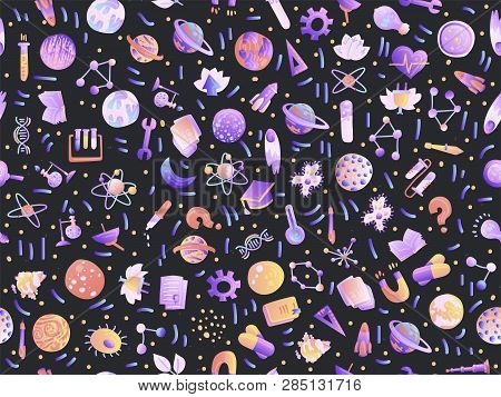 Cute Cartoon Back To School And College Fun Seamless Pattern With Colored School Supplies. Science T