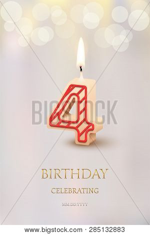 Burning Number 4 Birthday Candle With Birthday Celebration Text On Light Blurred Background. Vector 