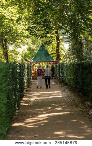 Eyrignac, France - September 2, 2018:  The Chinese Pagoda In The Picturesque Jardins Du Manoir D Eyr