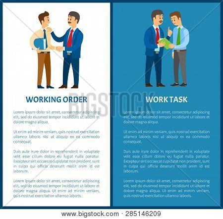 Working Order And Work Task, Office Worker Duties. Boss And Employee, Documents In Folder Or Pad Wit