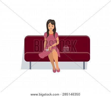 Woman Sitting On Velvet Sofa In Gentle Pink Dress And Waiting For Movie Seance Start. Vector Isolate