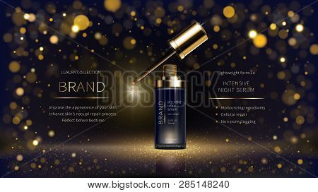 Night Intensively Revitalizing Facial Serum Realistic Vector Ads Poster. Glass Bottle With Dripping 
