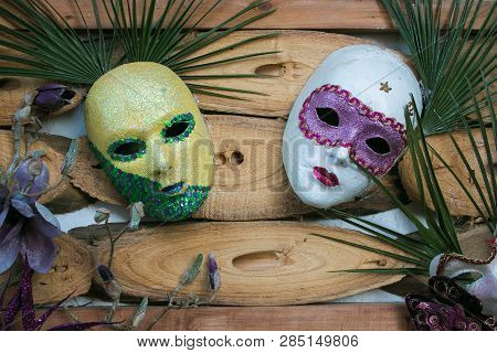 Close Up Of Two Carnival Mask In The Center Of Castiglion Fibocchi
