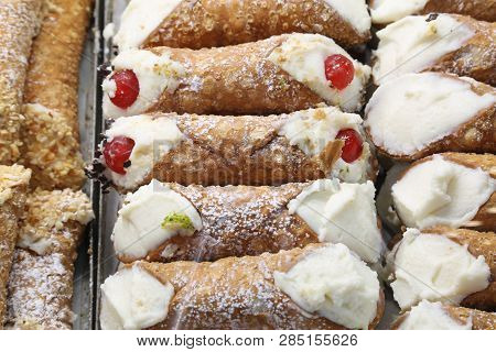 Background Of Stuffed Pastries Called Cannoli Siciliani In Italian Language Are The Typical Sweets O