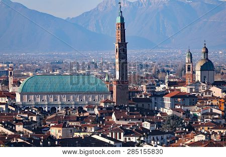 Panoramic View Of Vicenza City With Old Palace Called Basilica Palladiana And Ancient Churches