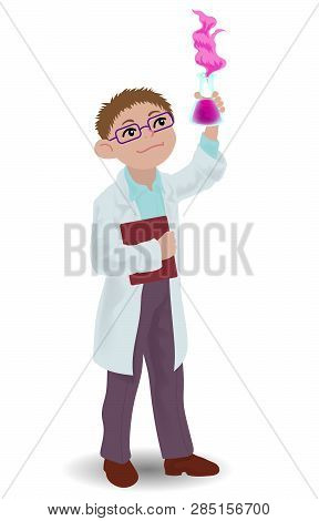 Children Illustration With A Boy Chemist. Kids And Proffessions Series. Vector Illustration
