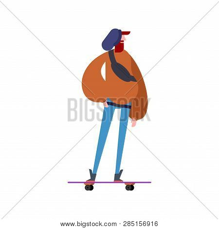 Hipster And Skateboard. Trendy Guy With Beard. Fashion-monger And Longboard