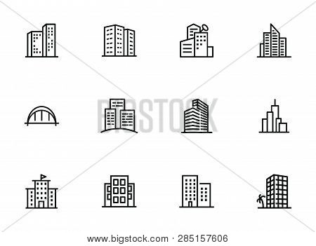 City Buildings Line Icon Set. Office, Apartment, Flat. Real Estate Concept. Can Be Used For Topics L