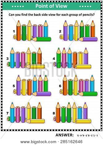 Iq, Memory And Spacial Skills Training Visual Puzzle With Colored Pencils: Find The Back Side View F