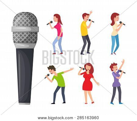 Pop Artists Or Performers, Celebrities Sing Songs And Musical Electric Device. Men And Women Singing