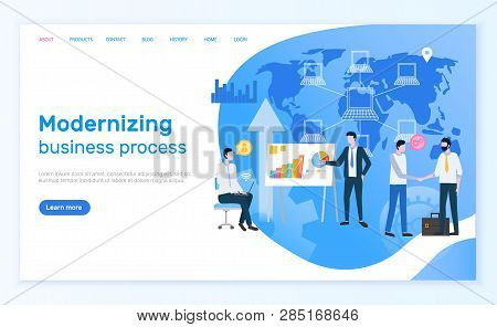 Modernizing Business Process Vector, Web Pages With People Working On Global Network. Computers And 