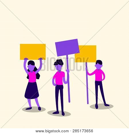 Crowd Of Protesting People Holding Banners, Group Of Activists Retro Vector For Web