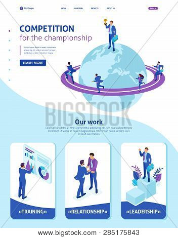 Isometric Website Template Landing Page Businessman At The Top Of The World, Entrepreneurs Compete F