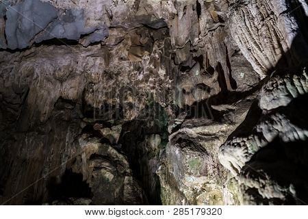 Cave Deep Dark Inside. Underground Of Stone Rock Mountain. Ha Long Vietnam Nature Background
