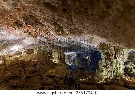 Cave Deep Dark Inside. Underground Of Stone Rock Mountain. Ha Long Vietnam Nature Background