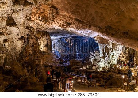 Cave Deep Dark Inside Near Entrance. Underground Of Stone Rock Mountain. Ha Long Vietnam Nature Back