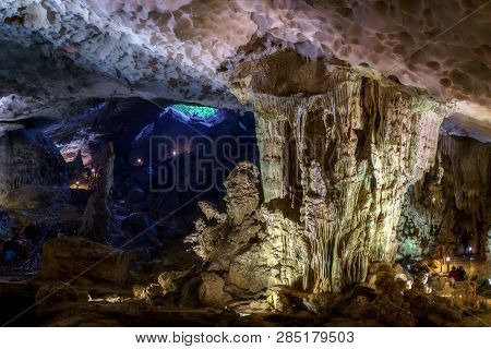Cave Deep Dark Inside Near Entrance. Underground Of Stone Rock Mountain. Ha Long Vietnam Nature Back