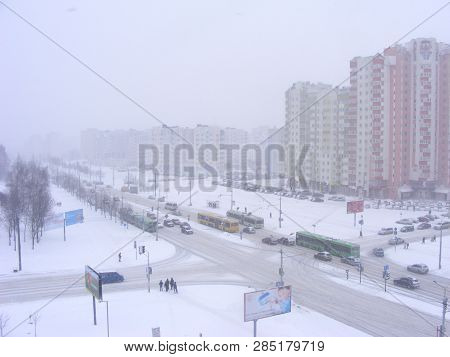 Urban Scene After Snowfall, Snowy Road In Minsk, Belarus