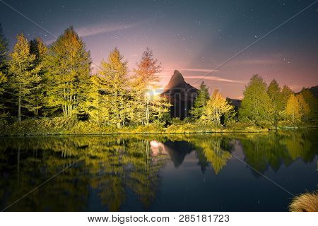 Mountain Lake Grindjisee On A Starry Night