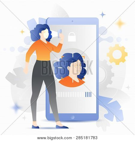 Light Skin Woman With Smartphone Scans Her Face. Vector Facial Identification Concept.