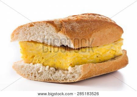 Bocadillo De Tortilla Española. Spanish Potato Omelette Sandwich Isolated On White Background. Close