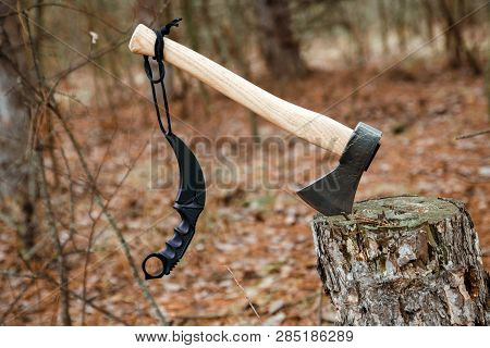 Axe And Karambit Knife Stuck In The Stump In The Forest
