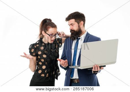 Supervisor Concept. Couple Working Using Laptop. Business Lady Check What Is Done. Outrageous Result