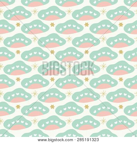 Sweet Baby Pastel Clouds And Stars Geometric Seamless Repeat Pattern Vector Background.