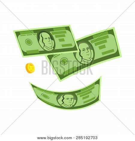 Falling Dollars And Coin Vector. Money Rain, Winning Money, Gain. Money Concept. Vector Illustration