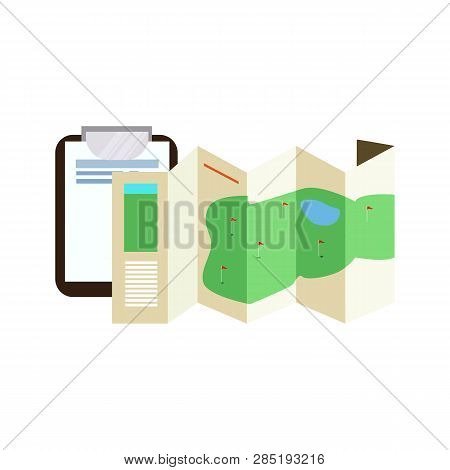 Golf Course Map And Clipboard Vector. Brochure, Plan, Golf Tournament Flyer. Golf Concept. Vector Il