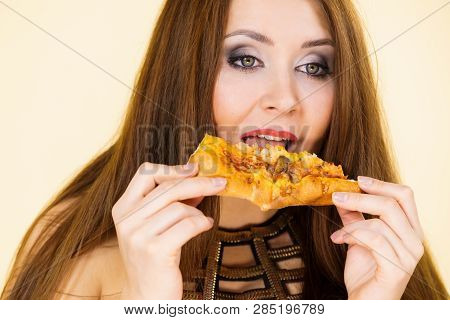 Woman Eating Hot Pizza Slice