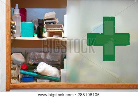 Half Open Wall Mounted Shelf With First Aid Kit, Filtered Cropped Image
