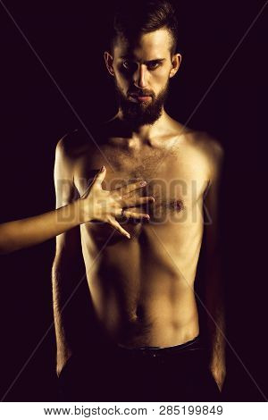 Handsome Bearded Man Or Hipster Guy Dieting With Serious Face And Bare Slim Or Thin Body, Chest And 