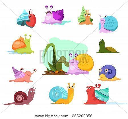 Multi-colored Snails Set. Cartoon Mollusca Collection. Can Be Used For Topics Like Invertebrate, Cre