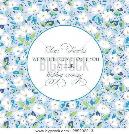 Vector Background For Greetings Or Invitations To The Wedding With Lovely Abstract White Flowers. In